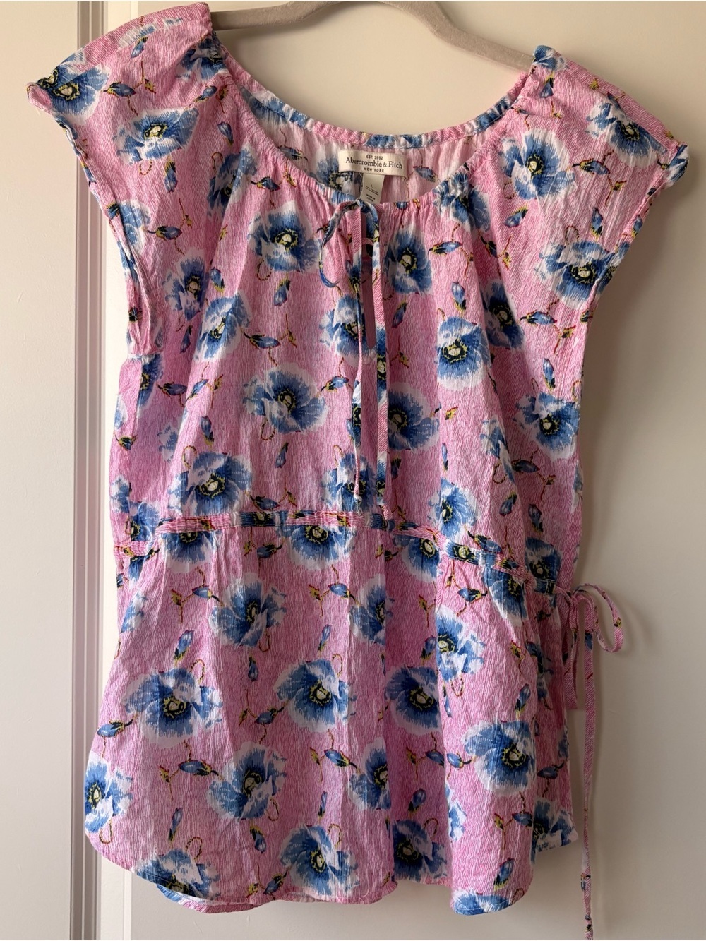 Abercrombie and Fitch Pink Floral Tie-Neck Blouse with Blue Flowers- size L